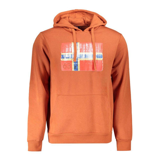 Brown cotton men's hoodie with Norwegian flag design, Norway 1963 collection, featuring a front pocket and drawstring hood.