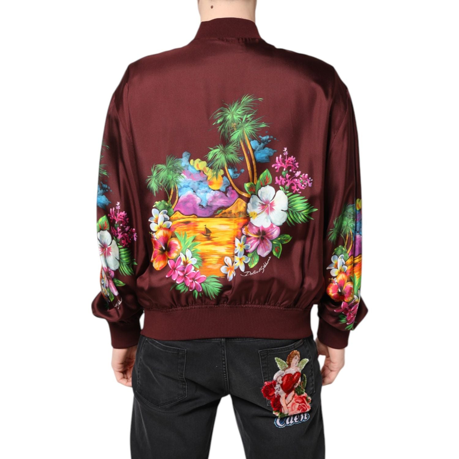 Dolce & Gabbana Maroon Floral Print Full Zip Bomber Jacket