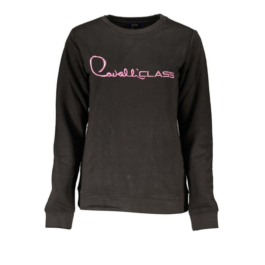Cavalli Class black cotton long-sleeve sweatshirt with crew neck and pink embroidery logo.