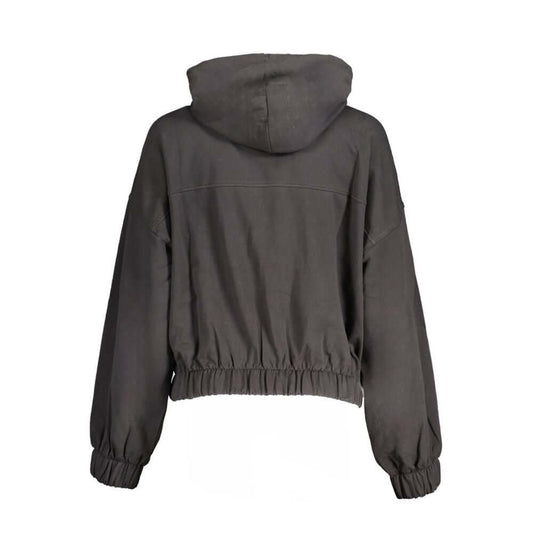 Tommy Hilfiger black cotton sweater with hood, elastic waist, and logo embroidery, made from 95% regenerative cotton.