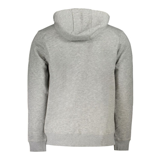 Back view of gray hooded cotton men’s sweater with zip by Norway 1963, showcasing long sleeves and refined style.