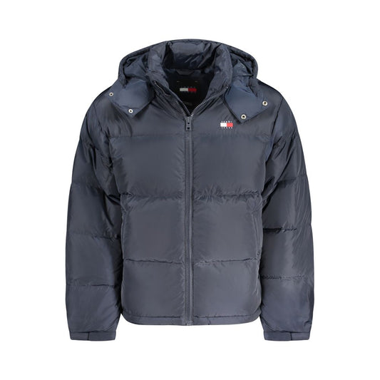 Tommy Hilfiger blue polyester men's jacket with removable hood, featuring long sleeves and stylish design.