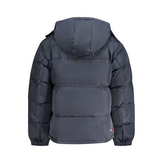 Back view of Tommy Hilfiger blue polyester men’s jacket with removable hood