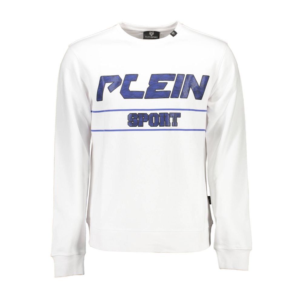 Plein Sport White Cotton Men Sweater with logo and contrasting details, crew neck long sleeve design for bold style, front view
