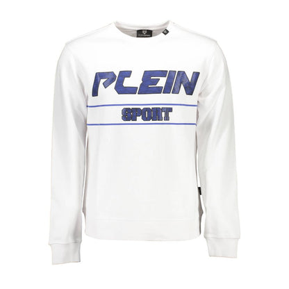 Plein Sport White Cotton Men Sweater with logo and contrasting details, crew neck long sleeve design for bold style, front view