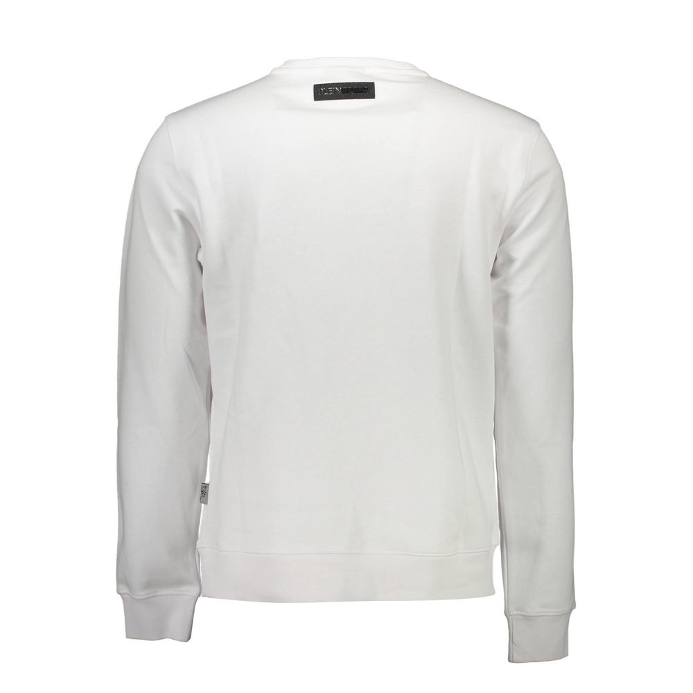 Back view of Plein Sport White Cotton Men Sweater showcasing sleek long sleeve, crew neck design with logo on the neck label.