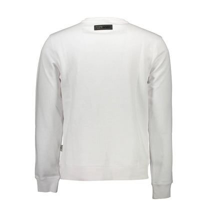 Back view of Plein Sport White Cotton Men Sweater showcasing sleek long sleeve, crew neck design with logo on the neck label.