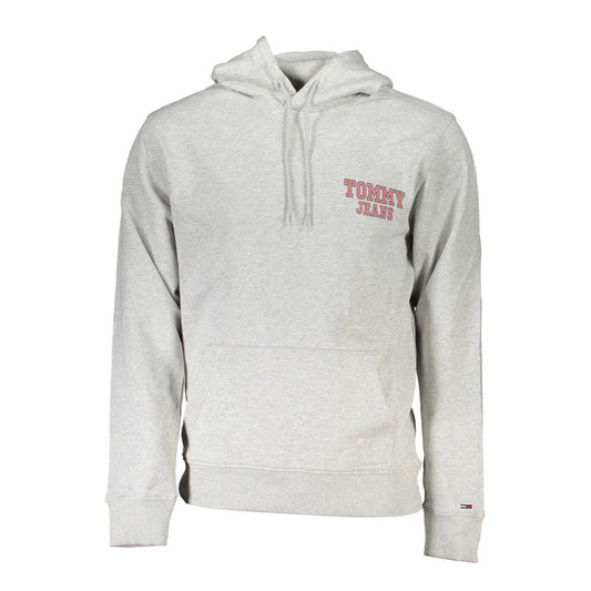 Tommy Hilfiger Gray Cotton Men Sweater with iconic logo and central pocket, stylish long-sleeved hooded sweatshirt for men.