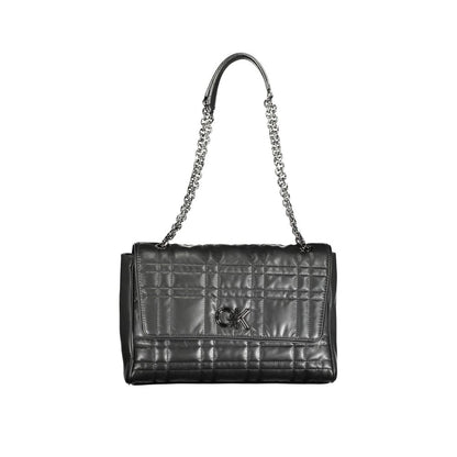 Calvin Klein Black Polyester Women Handbag with chain handles, turnbuckle closure, and external pocket.