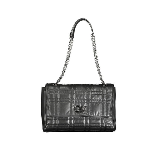 Calvin Klein Black Polyester Women Handbag with chain handles and turnbuckle closure, stylish and eco-conscious accessory.