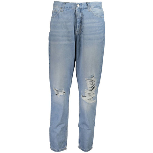 Calvin Klein Blue Cotton Women Jeans with stylish washed effect and distressed design for a chic, elegant look.