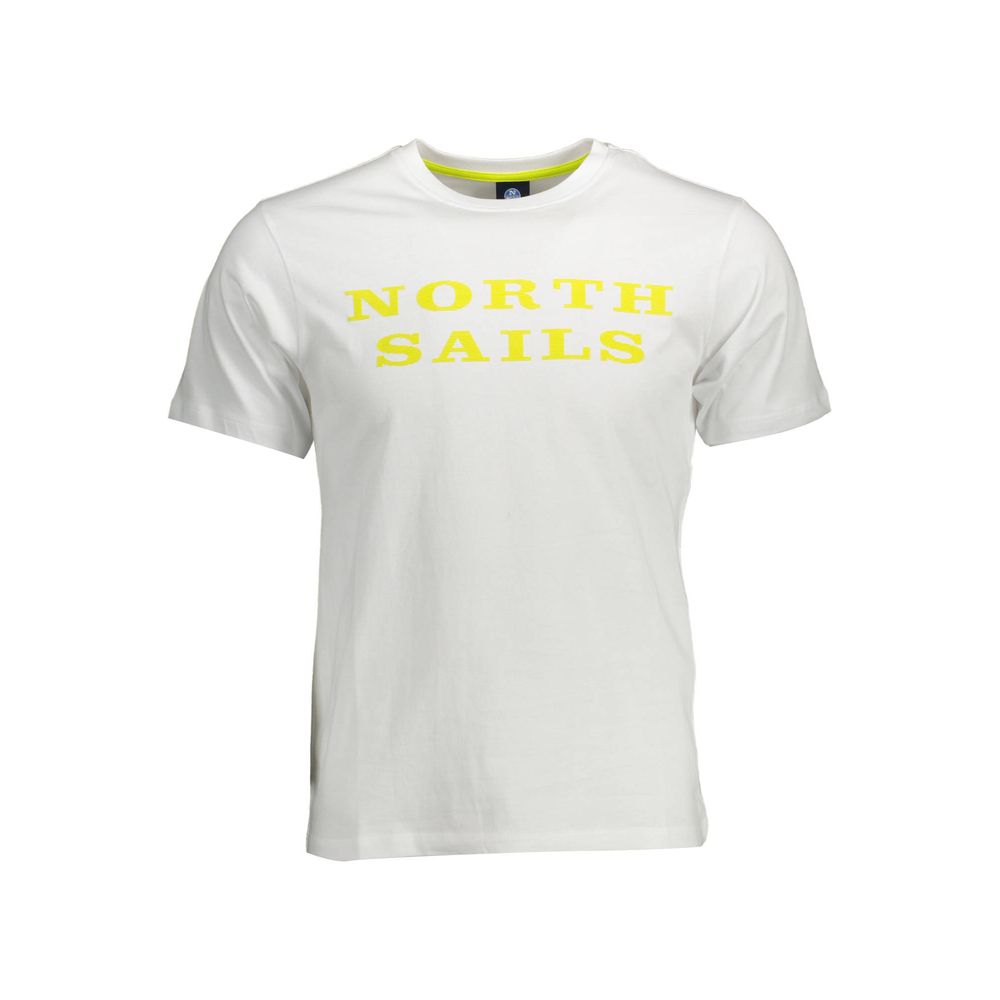 North Sails White Cotton Men T-Shirt with yellow logo print, crew neck design, showcasing casual sophistication and comfort.