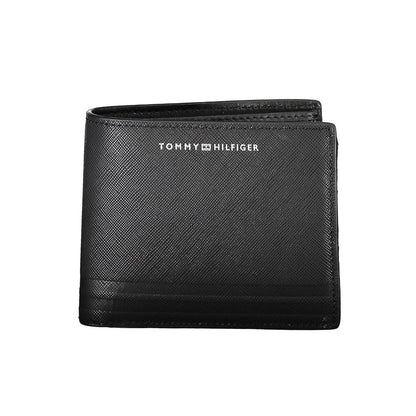 Tommy Hilfiger Black Leather Men Wallet with dual compartments and coin purse, featuring signature logo on a sleek design.