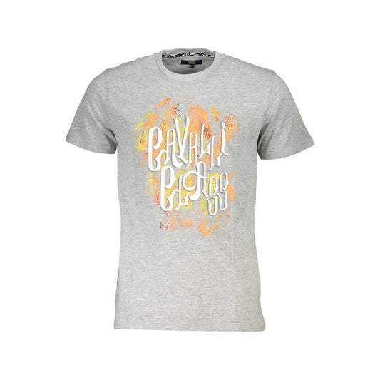 Cavalli Class Gray Cotton Men T-Shirt with Logo and Colorful Print, Round Neck, Short Sleeves - Stylish Wardrobe Essential