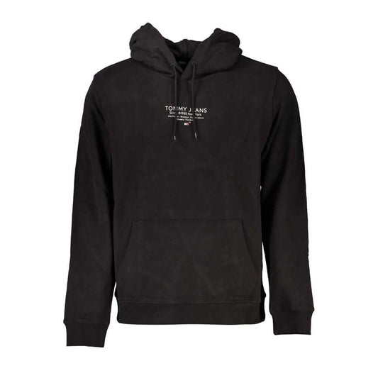 Tommy Hilfiger black hooded sweatshirt with long sleeves, featuring a central pocket and iconic logo print, made from 100% cotton.