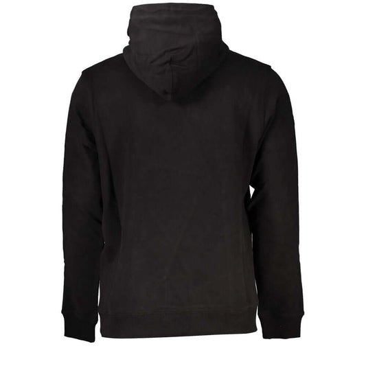 Back view of Tommy Hilfiger black long-sleeved hooded sweatshirt made from regenerative cotton.