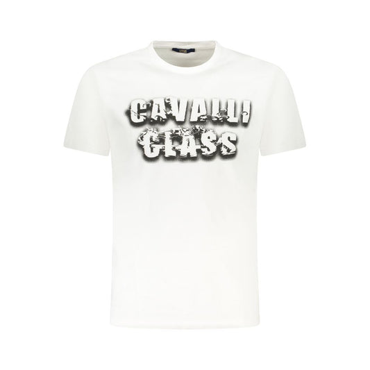 Cavalli Class white cotton men's T-shirt featuring bold logo print, short sleeves, crew neck design, and premium casual luxury style.