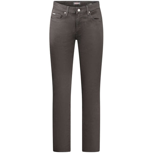 Guess Jeans black cotton men’s slim jeans with 5-pocket design, button and zip fastening, and subtle logo detail displayed.