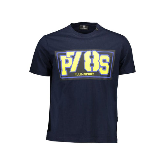 Plein Sport blue cotton men’s t-shirt with bold logo and contrasting details, showcasing athletic and trendy design.