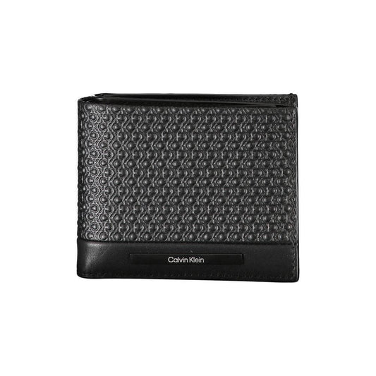 Calvin Klein black leather RFID wallet with embossed pattern, featuring logo, made of 100% leather, stylish and secure for essentials.