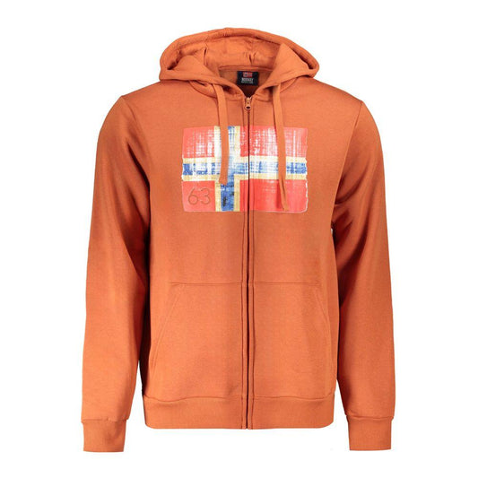 Norway 1963 Brown Cotton Men’s Sweater with hood and zip-up design, featuring subtle print and pockets for comfort and style.