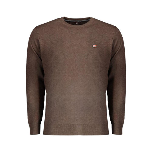 Norway 1963 brown wool men's sweater, long-sleeved with crew neck, elegant design featuring subtle embroidery detail and logo.