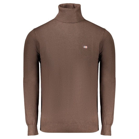 Norway 1963 brown turtleneck sweater, embroidered logo, long sleeves, polyester. Classic style and comfortable fit.