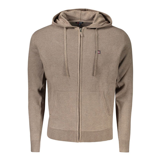 Norway 1963 brown polyamide men's cardigan with hood, zip fastening, and logo, offering warmth and sophistication.