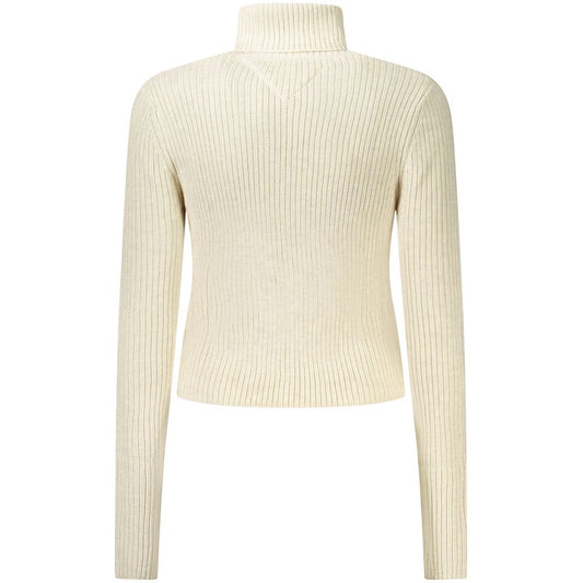 Back view of Tommy Hilfiger beige turtleneck sweater in recycled polyester with ribbed texture.