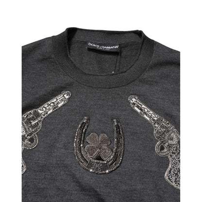 Dolce & Gabbana Gray Embroidery Knit Men Pullover Sweater