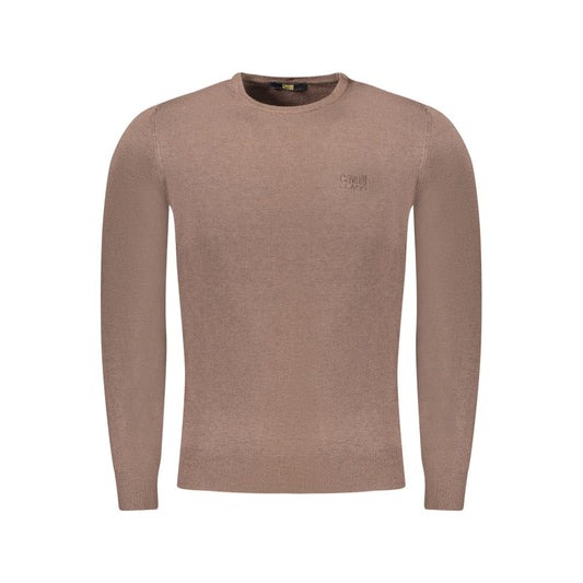 Cavalli Class Brown Viscose Men Sweater with logo embroidery, long sleeves, showcasing luxurious design in rich brown.