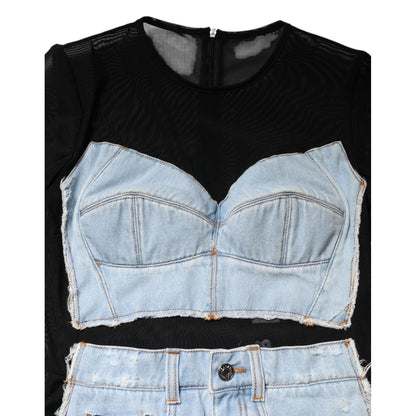 Dolce & Gabbana Black Blue Long Sleeves Denim Mini Dress