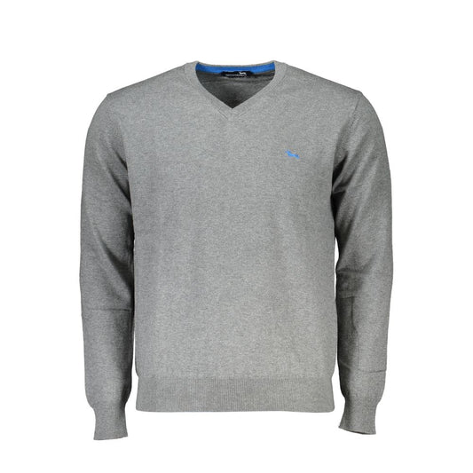 Harmont & Blaine gray V-neck cotton sweater for men, with logo embroidery, long sleeves, elegant and cozy for layering or standalone.