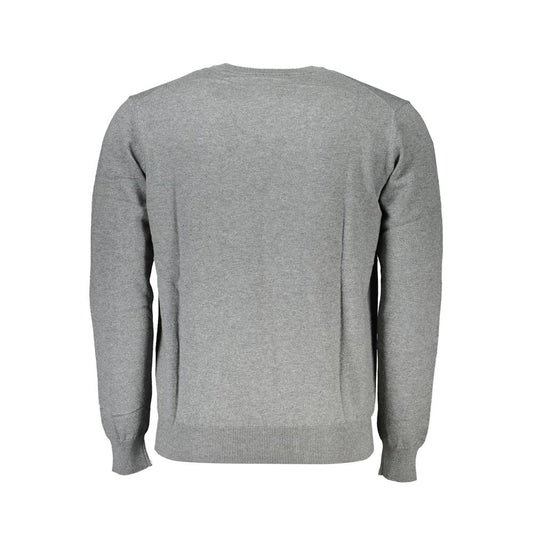Alt Tag: Back view of Harmont & Blaine gray cotton men's V-neck sweater with premium embroidery and timeless elegance.
