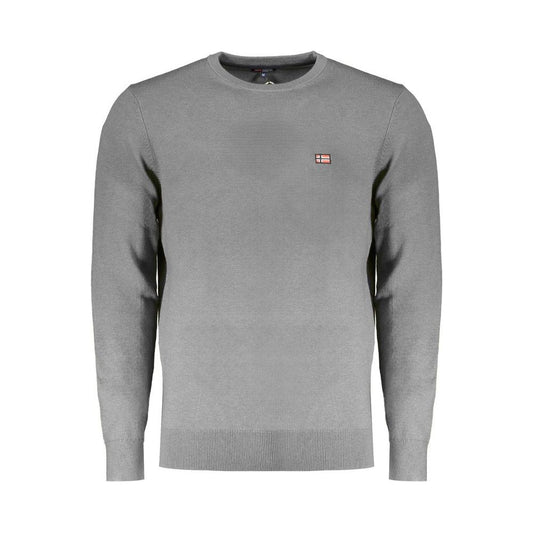 Gray polyester men's sweater, Norway 1963, featuring long sleeves, crew neck, and embroidered logo for casual sophistication.