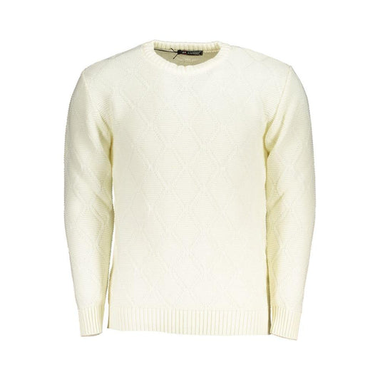 U.S. Grand Polo white fabric sweater with diamond pattern, long sleeves, crew neck, and logo.