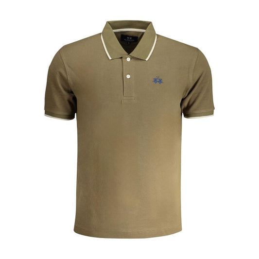 La Martina green cotton polo shirt, short sleeved, regular fit, with contrast details, embroidery, and logo, front view.