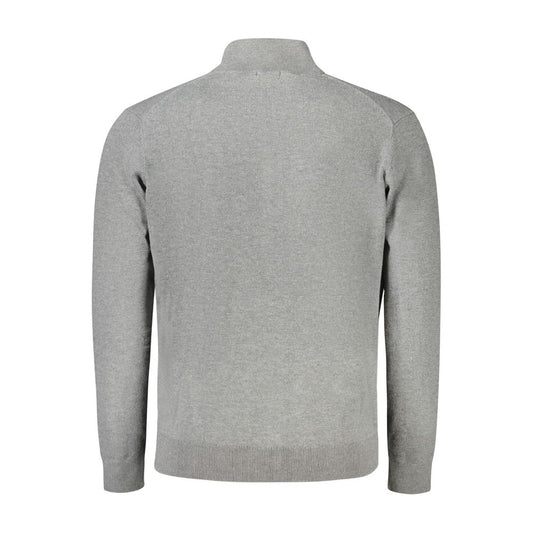 Back view of Norway 1963 gray polyester cardigan for men with long sleeves and zip front, featuring iconic brand embroidery and logo.