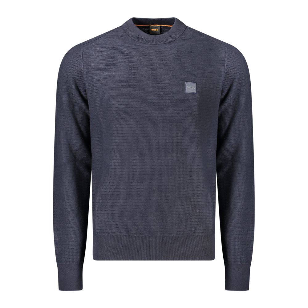 Hugo Boss Blue Cotton Men Sweater with crew neck and subtle logo detail. Comfortable blend of cotton and cashmere for modern style.