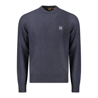 Hugo Boss Blue Cotton Men Sweater with crew neck and subtle logo detail. Comfortable blend of cotton and cashmere for modern style.