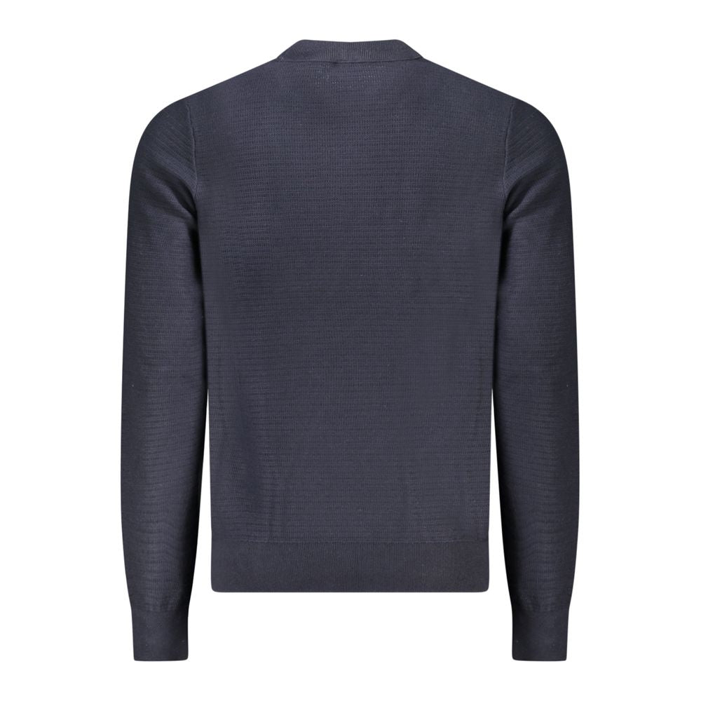 Hugo Boss Blue Cotton Men Sweater, long-sleeved with crew neck, back view.