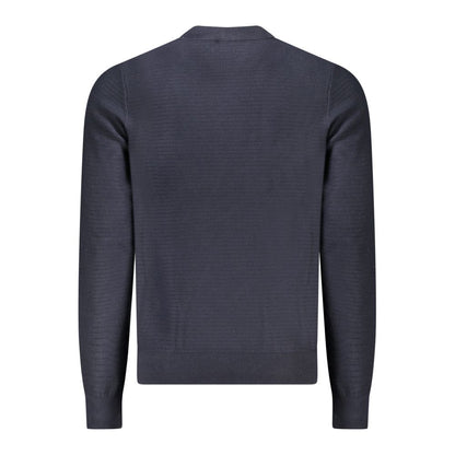 Hugo Boss Blue Cotton Men Sweater, long-sleeved with crew neck, back view.