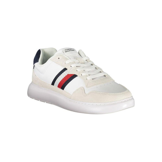 Tommy Hilfiger white leather men's sneaker with iconic stripes and embroidered logo, offering style and comfort with a removable footbed.