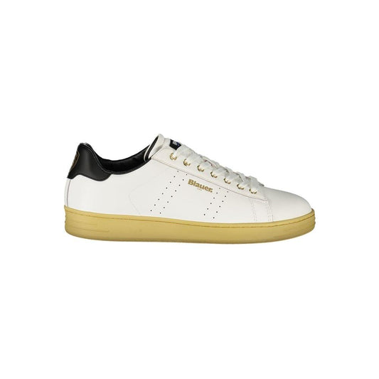 Blauer white leather men's sneaker with black details and yellow sole, featuring comfort footbed and stylish logo for urban aesthetics.