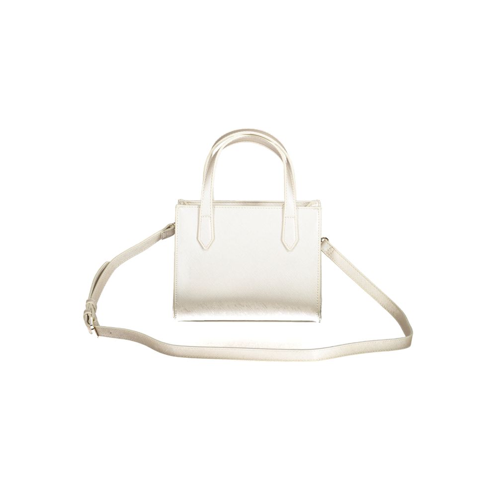 Elegant white handbag with dual handles and adjustable strap on display