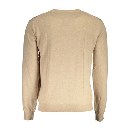 La Martina Beige Wool Men Sweater, back view showcasing classic V-neck design and luxurious fabric in subtle beige color.