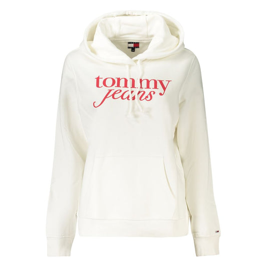 Tommy Hilfiger white cotton women's hooded sweater with front logo print and central pocket, perfect for casual wear and layering.