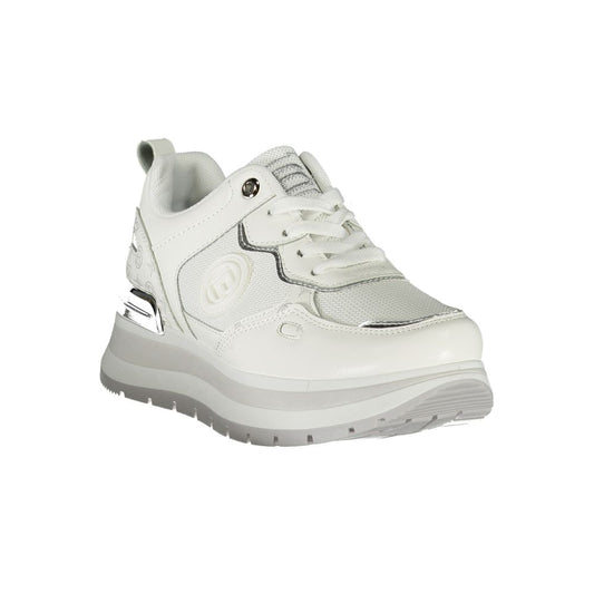 Laura Biagiotti white polyester women's sneaker with lace-up design, removable footbed, and signature embroidery for sporty elegance.