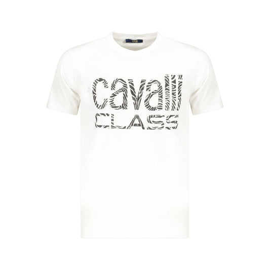 Cavalli Class white cotton men's t-shirt with logo print, short sleeves, crew neck, designed for modern sophistication and comfort.