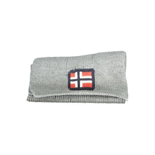 Norway 1963 gray acrylic men’s scarf with stylish embroidery and subtle logo detail, folded for display, ideal for versatile styling.